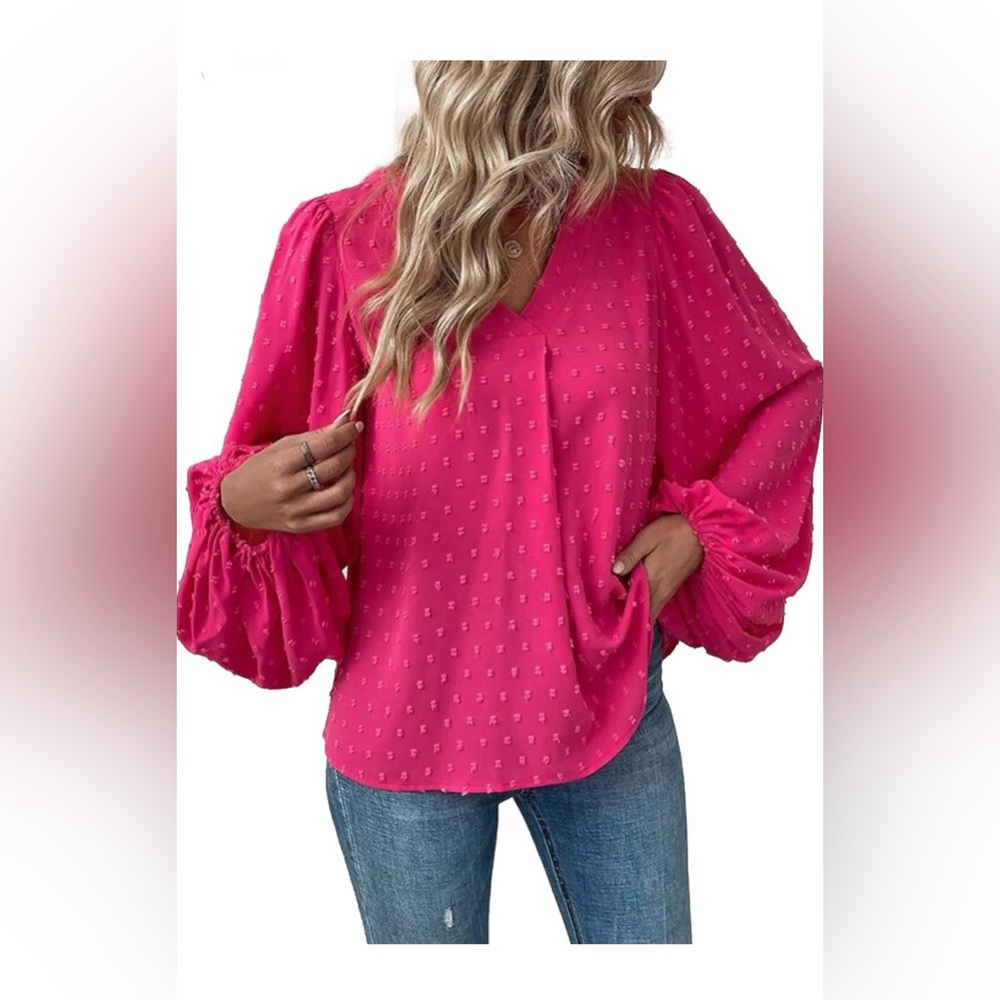 XL Women’s Casual Ruffle Trim V Neck Flounce Long Sleeve Blouse Top - Magenta